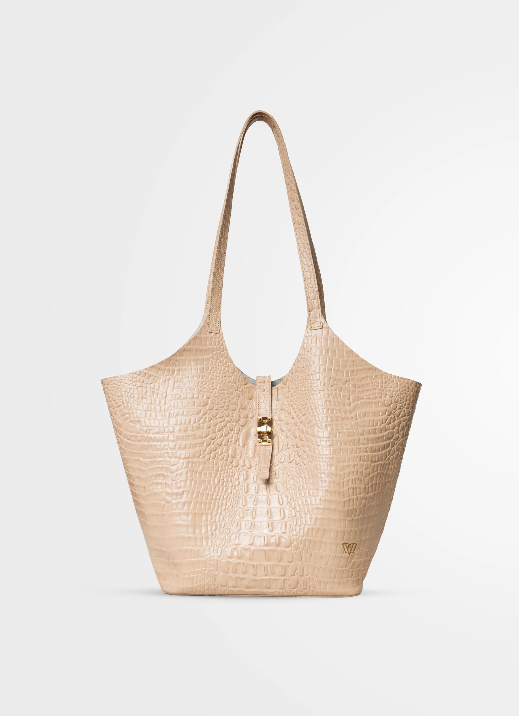 A structured shoulder bag in textured beige faux crocodile leather with a gold-tone zipper pull and a small gold logo on the lower right corner, set against a clean white background.